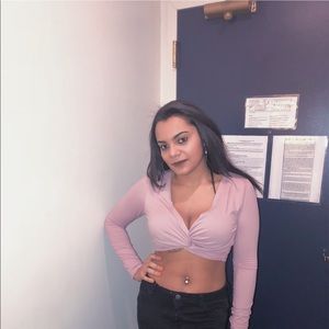 Pink surplice long sleeve crop top